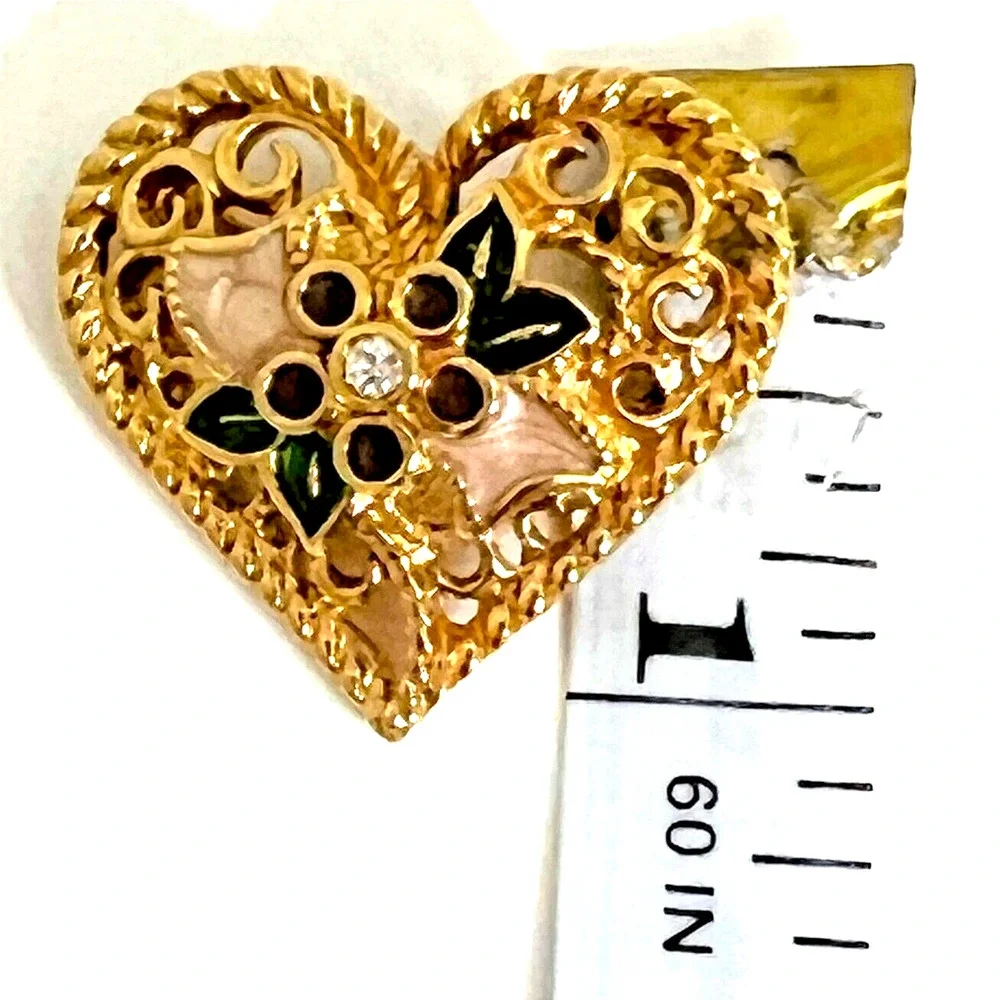 Heart Brooch Enameled Gold Tone with Rhinestone Center Engraved I Love You